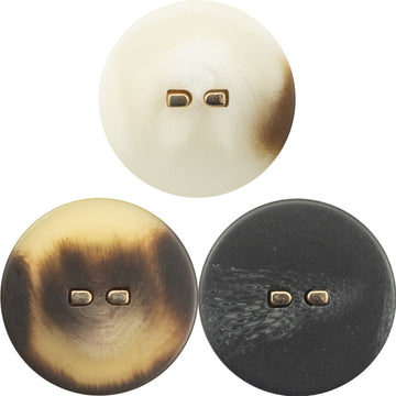 Flat resin buttons, round, metal shanks, mixed brown/cream tones, two-hole design