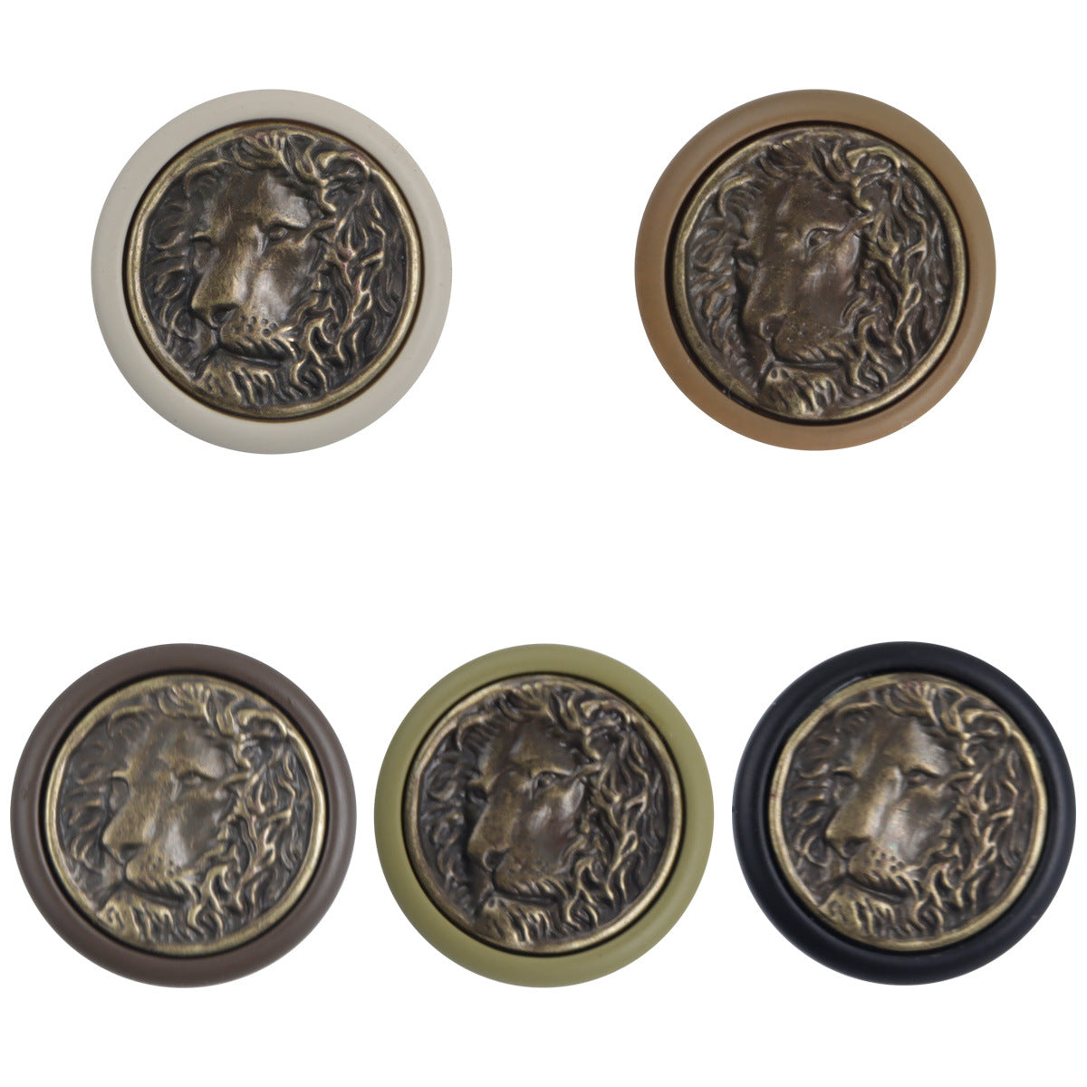 Round resin buttons set: white and brown rims, bronze lion medallion front