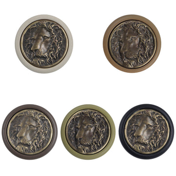 Round resin buttons set: white and brown rims, bronze lion medallion front