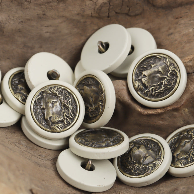 Round resin buttons, white matte with bronze lion face metal pattern, 10pcs