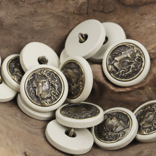 Round Resin Button with Inlaid Bronze-Colored Lion King Metal Pattern 10pcs White