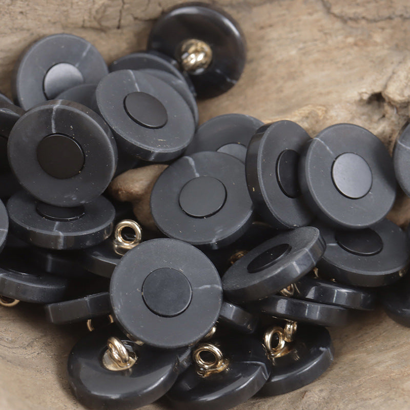 Frosted black resin buttons, 15–25mm, round with gold-tone loops, 10pcs