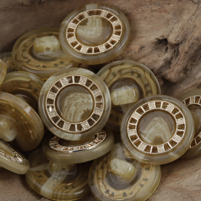 Khaki resin buttons with antique gold-tone chessboard rim and faceted round design