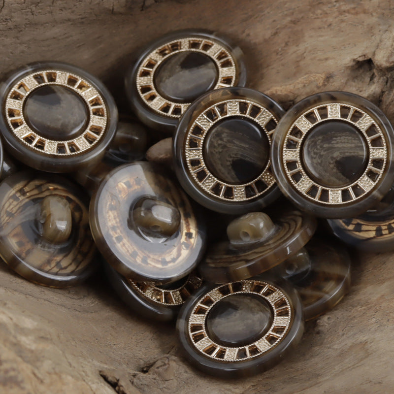 Dark resin buttons with antique gold-tone chessboard rim and round center