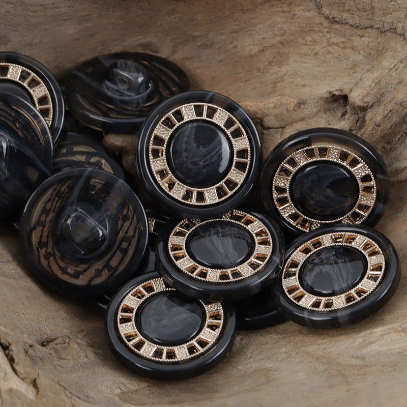 Black resin buttons with antique gold-tone chessboard rim, round center