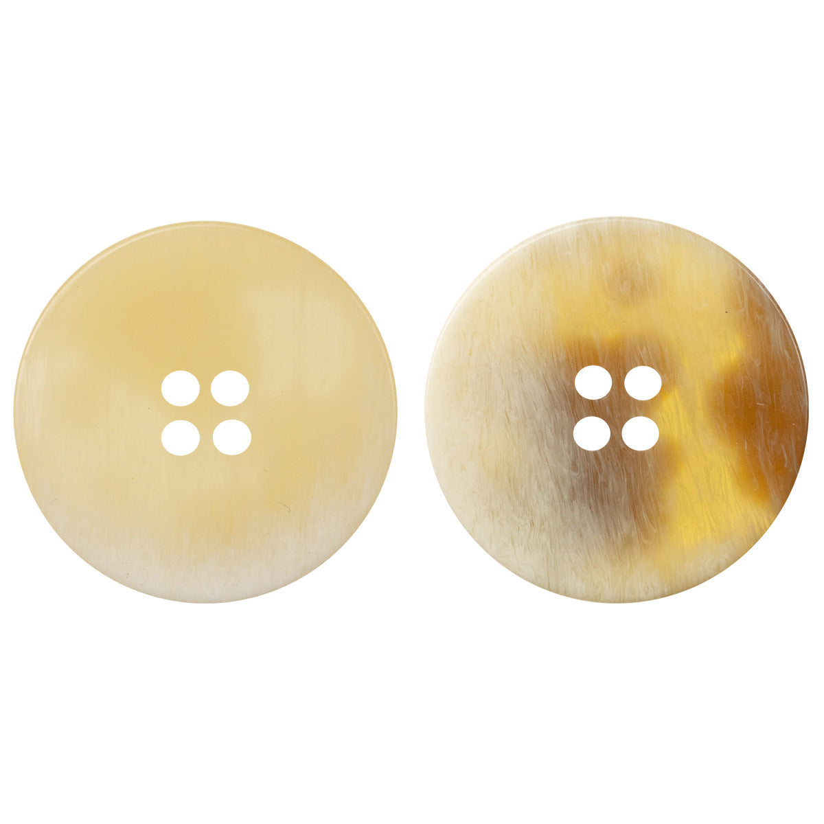 Light yellow resin button, amber gradient pattern, 4 holes, round