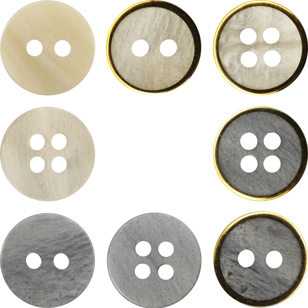 Gray-beige wood-grain resin buttons, gold rim, four-hole tops, 11.5mm (48 pack)