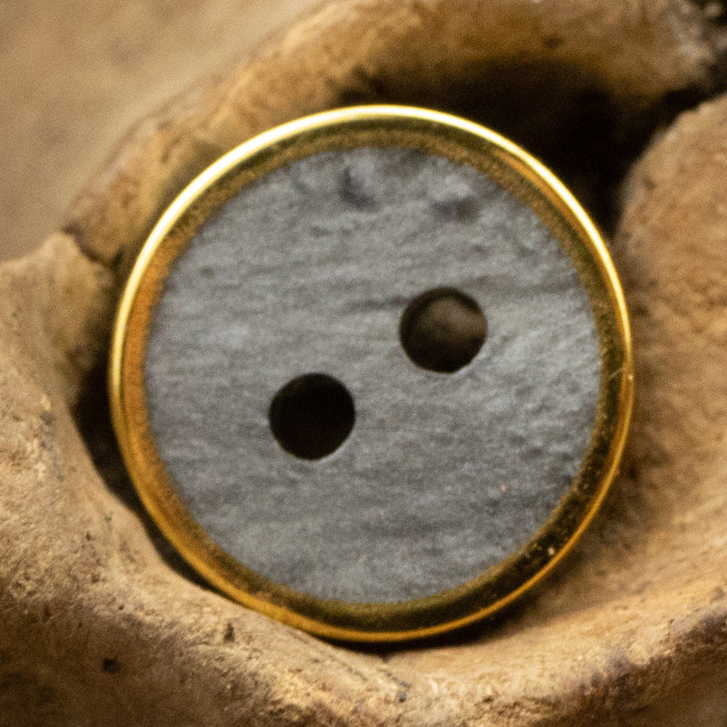 Gray wood-grain resin button with gold rim, two-hole face
