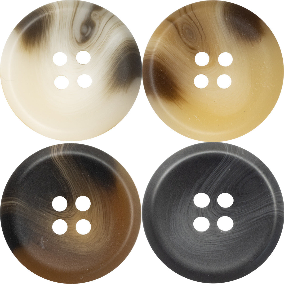 Four-hole resin buttons, light cream and beige marbled, 15–30 mm