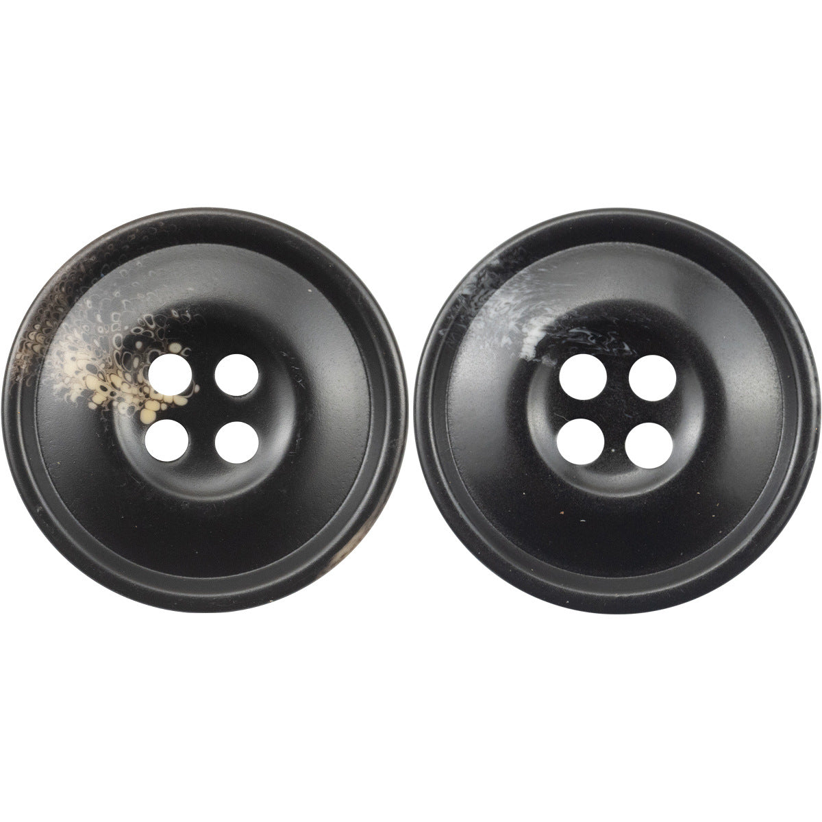Black resin coat button, 4-hole, glossy 15–30mm, pair front view