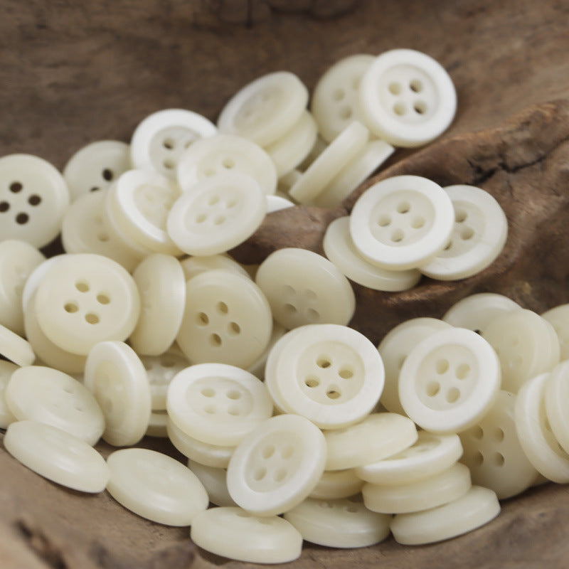 White resin buttons with wood-grain edge, 4-hole