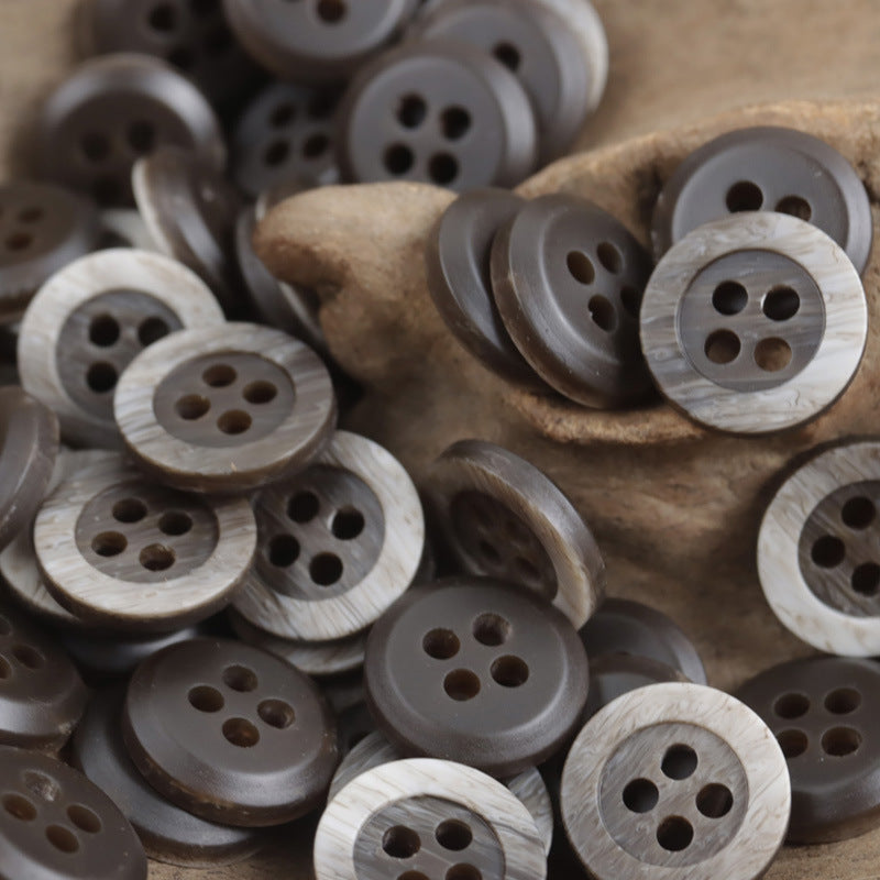 Gray-black wood-grain resin buttons, 4-hole design