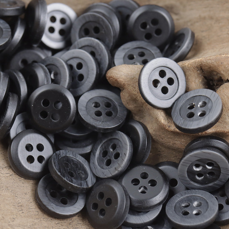 Dark gray resin buttons, 4-hole, with wood-grain edge detailing