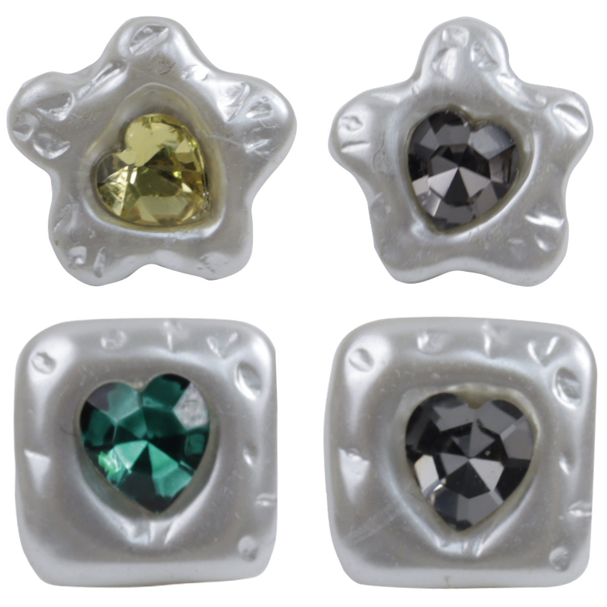 Resin button set, heart-front jeweled centers, metal shank details