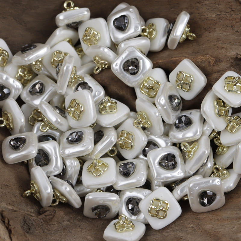 Resin button, square-heart face, dark gray jeweled center, metal shank