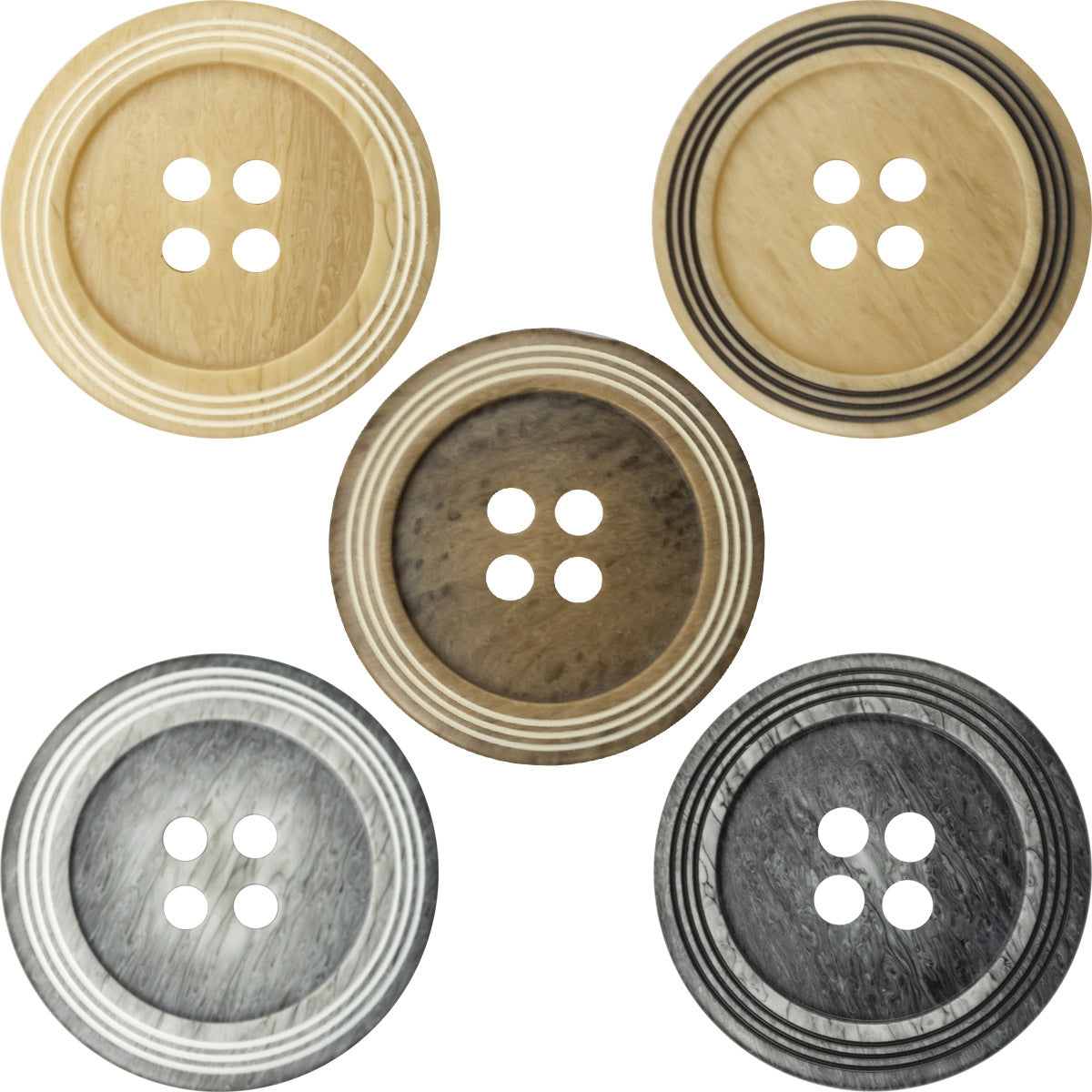 Set of circular buttons with 4 holes, light wood grain and dark striped rims