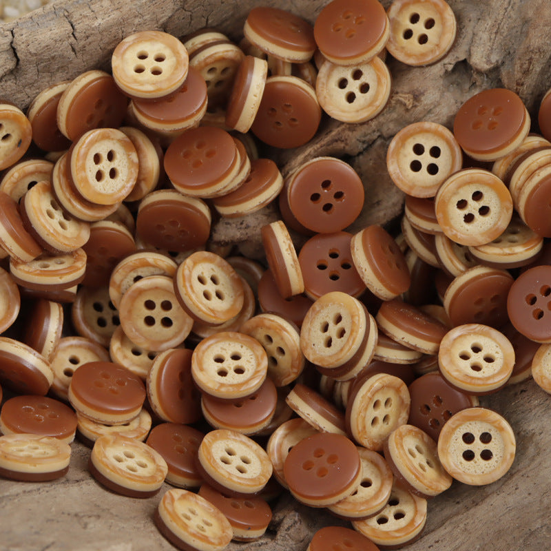Bag of four-hole resin buttons in warm brown and beige pebbled two-tone pattern