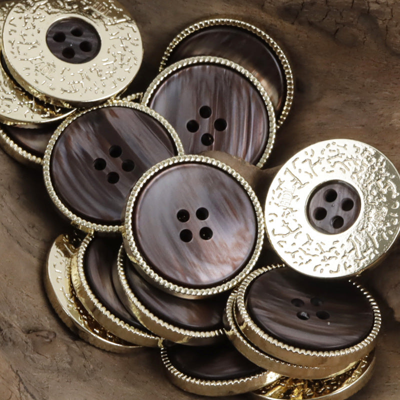 Double-sided two-tone suit buttons, dark brown and black resin faces with gold beaded borders