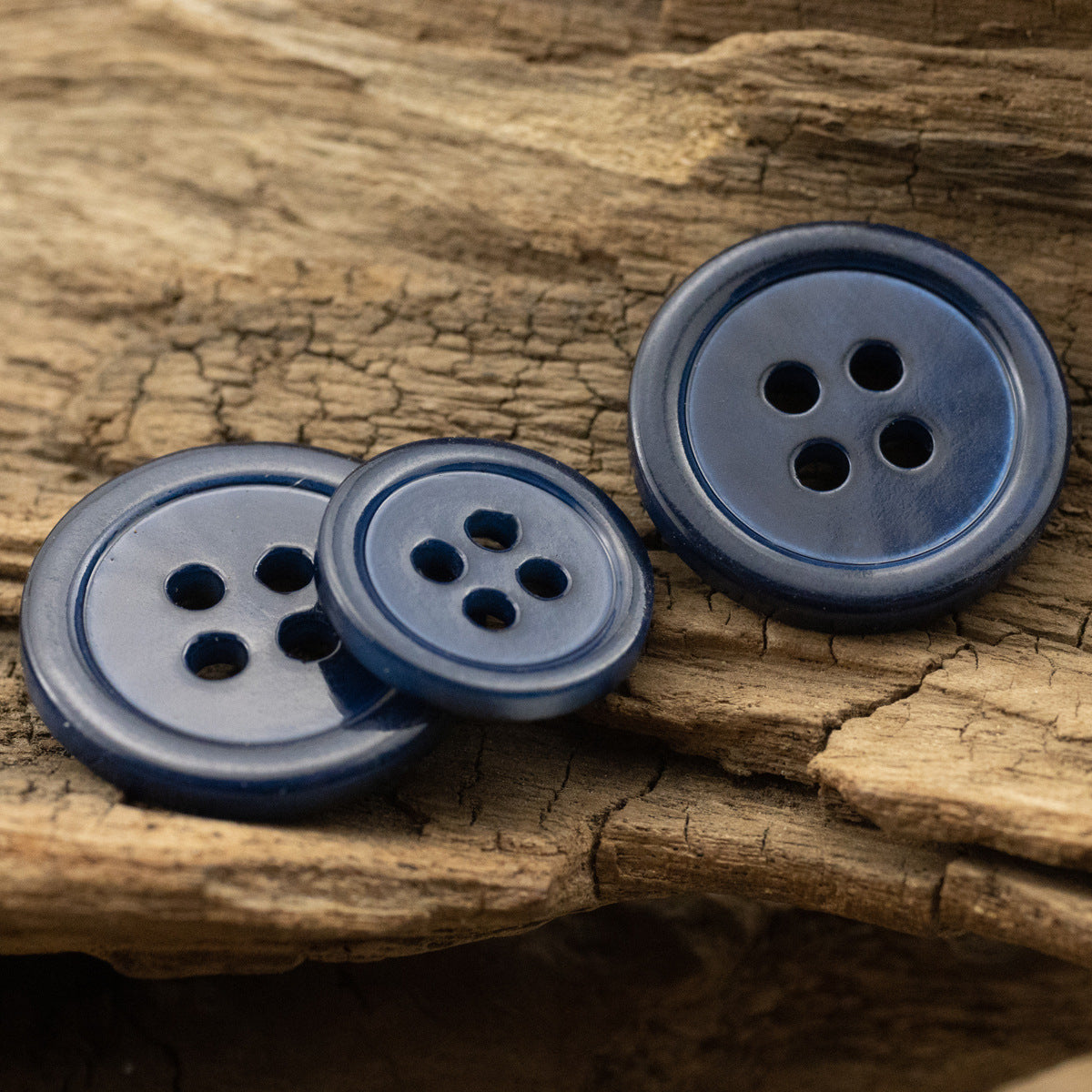 Deep blue flat shirt buttons, round 4-hole, pearl-shell look (group of 3)