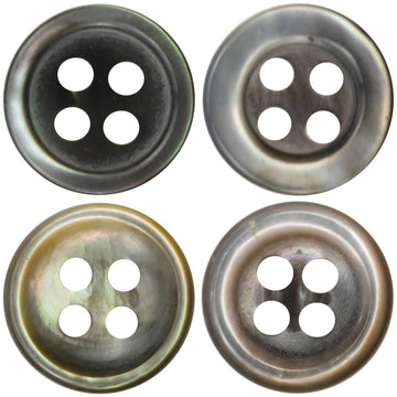 Black pearl-look shell button, round, 4 holes—front view.