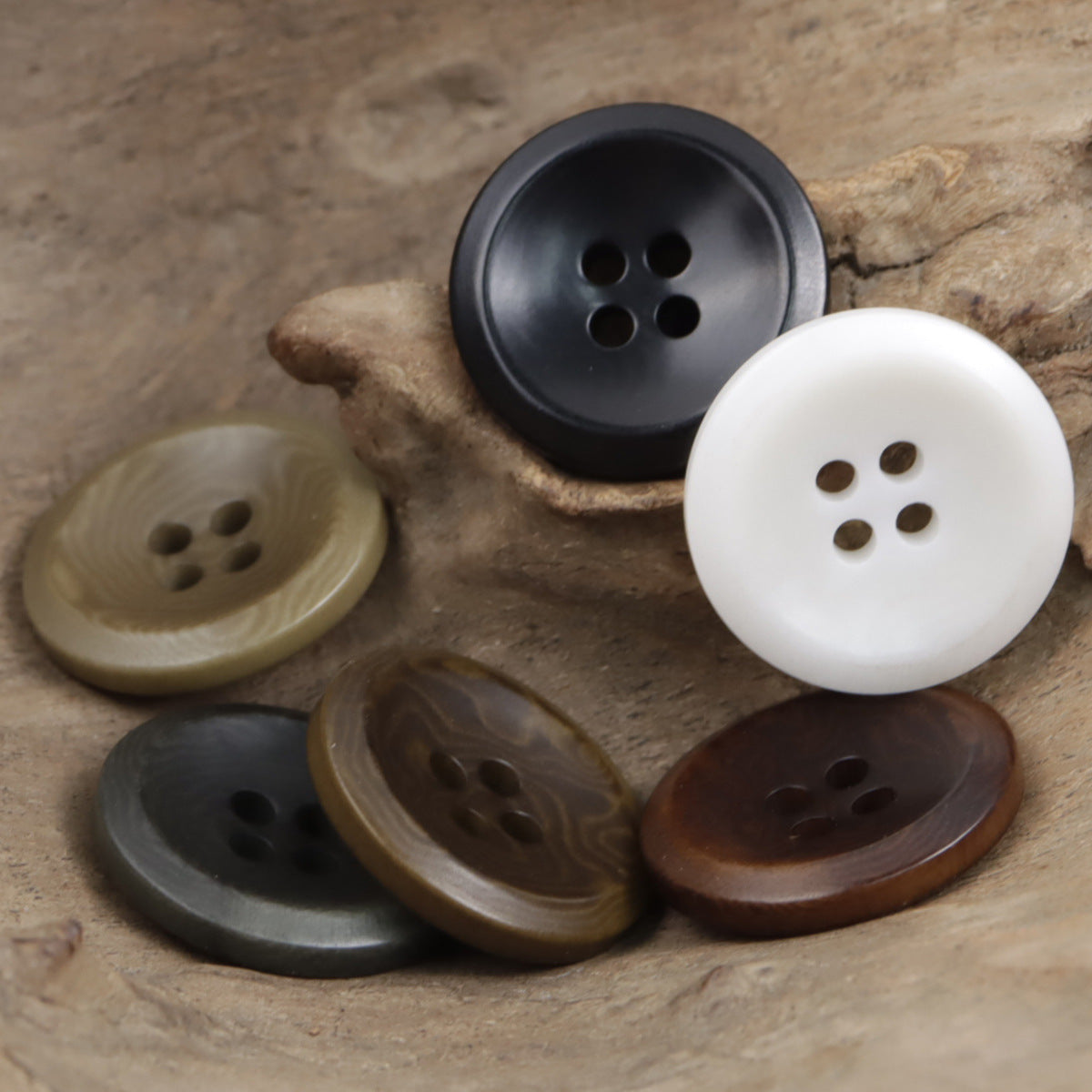 Round tagua nut buttons: white, dark gray, olive, and brown tones, 10-pack