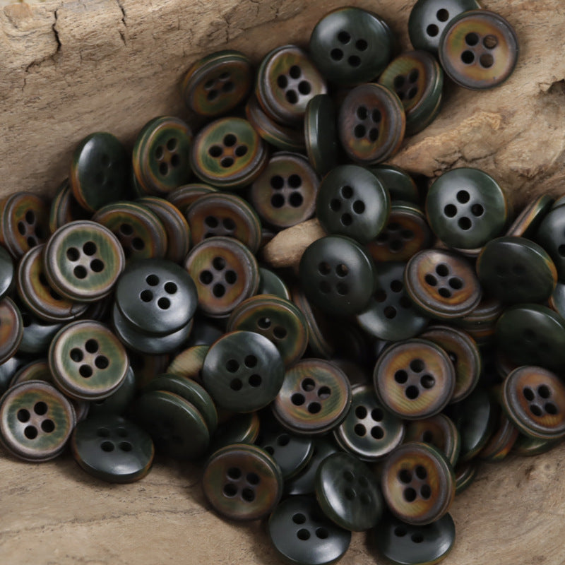 Assorted vintage fruit buttons with dark green finish and metal-like rims, 20-pack