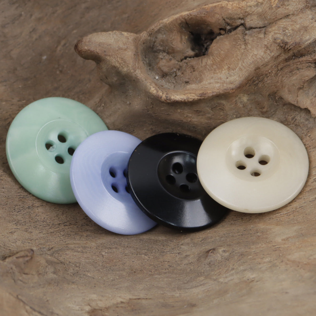 Double-sided Chinese fruit buttons, assorted colors: mint, light blue, black, cream (fronts)
