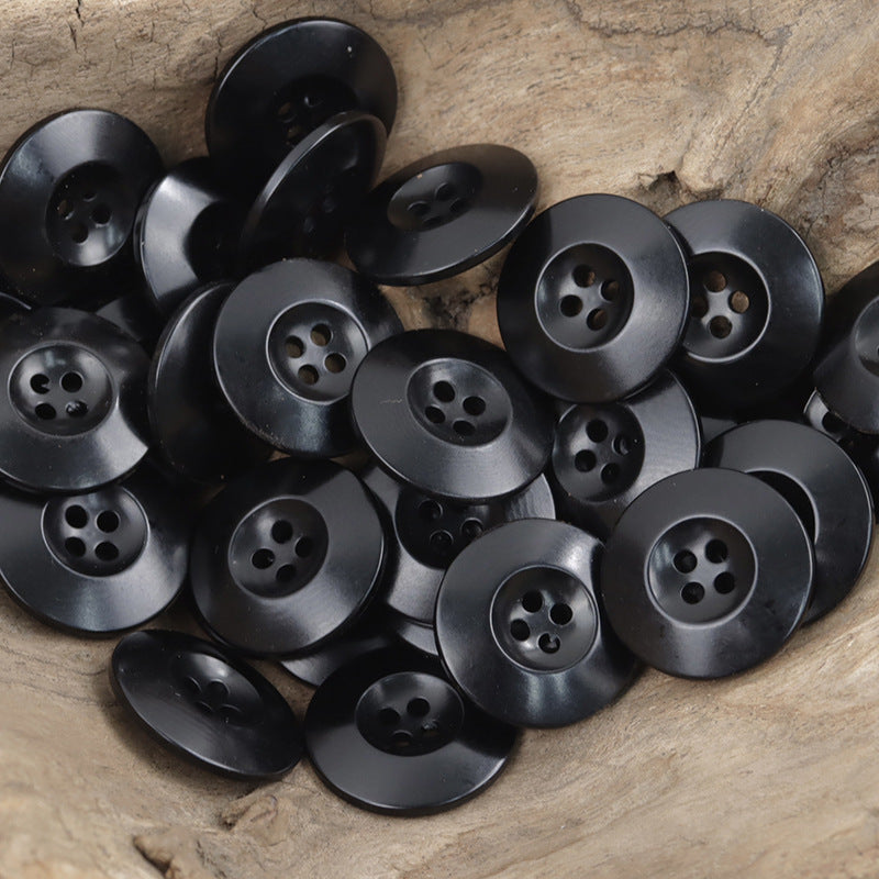Black double-sided Chinese fruit buttons, round fronts with 4-hole design