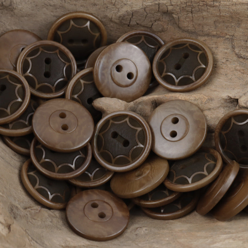 Brown coffee round two-hole octagram tagua nut buttons with embossed star pattern