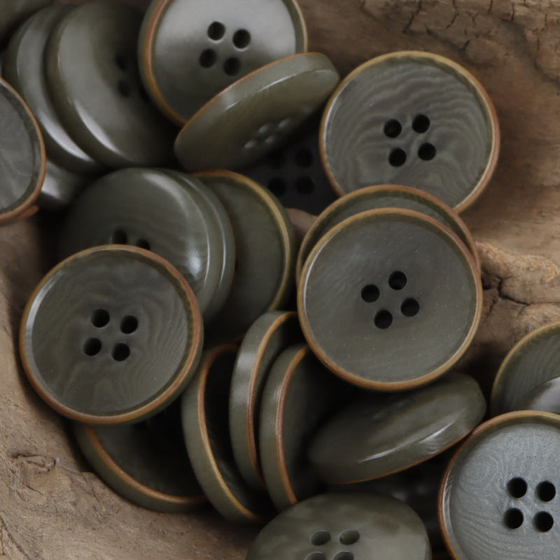 Gray-green burnt vintage nut buttons with 4 holes and dark rim, 10pcs