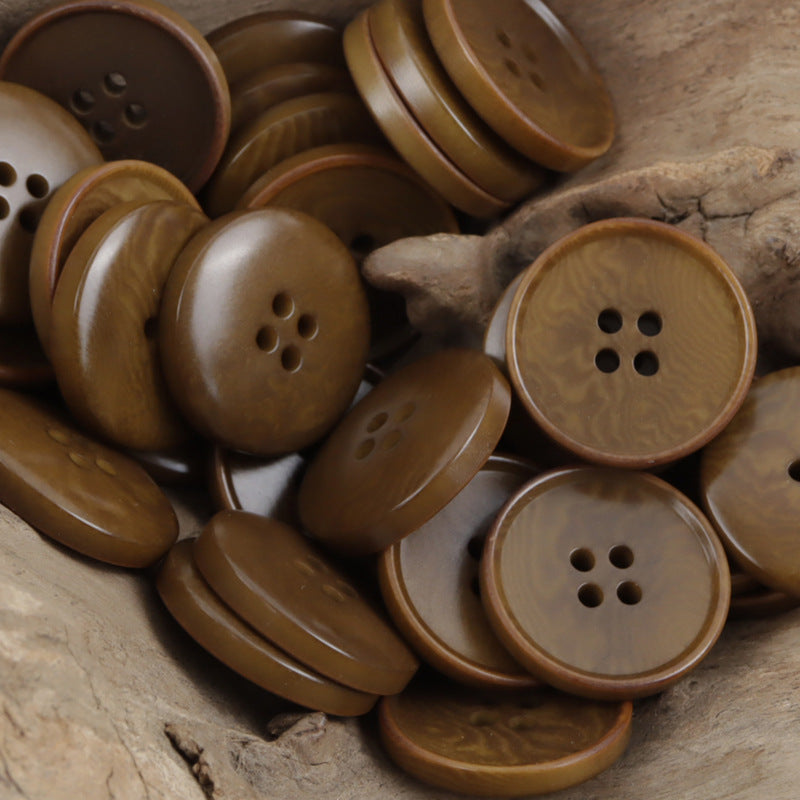 Coffee brown burnt vintage nut buttons with 4 holes and tan rim, 10pcs
