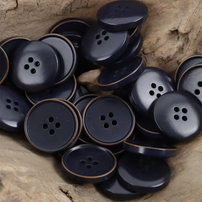 Deep blue burnt vintage nut buttons, 4-hole design with dark edge, 10pcs