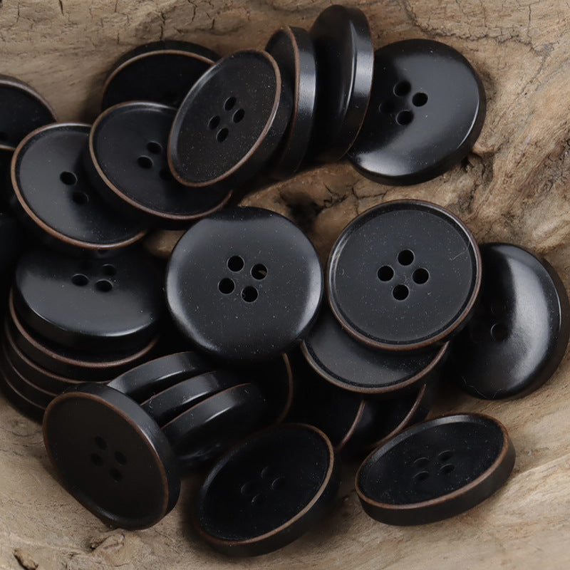 Black burnt vintage nut buttons with 4 holes and coppery rim, 10pcs