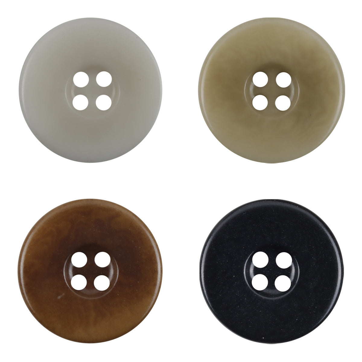 Wide border palm nut buttons, four-hole fronts in khaki, brown, black, and light gray