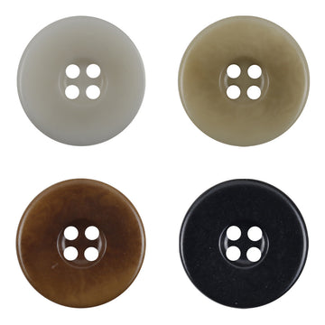 Wide border palm nut buttons, four-hole fronts in khaki, brown, black, and light gray