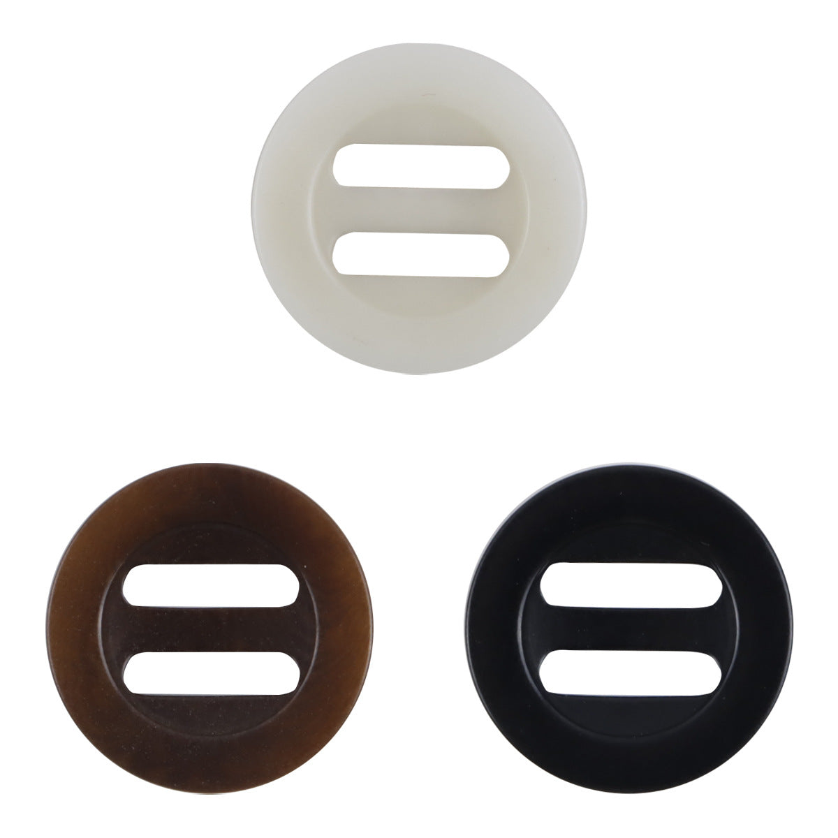 Set of long-eye slider buckle buttons, white/coffee/black, retro round design.