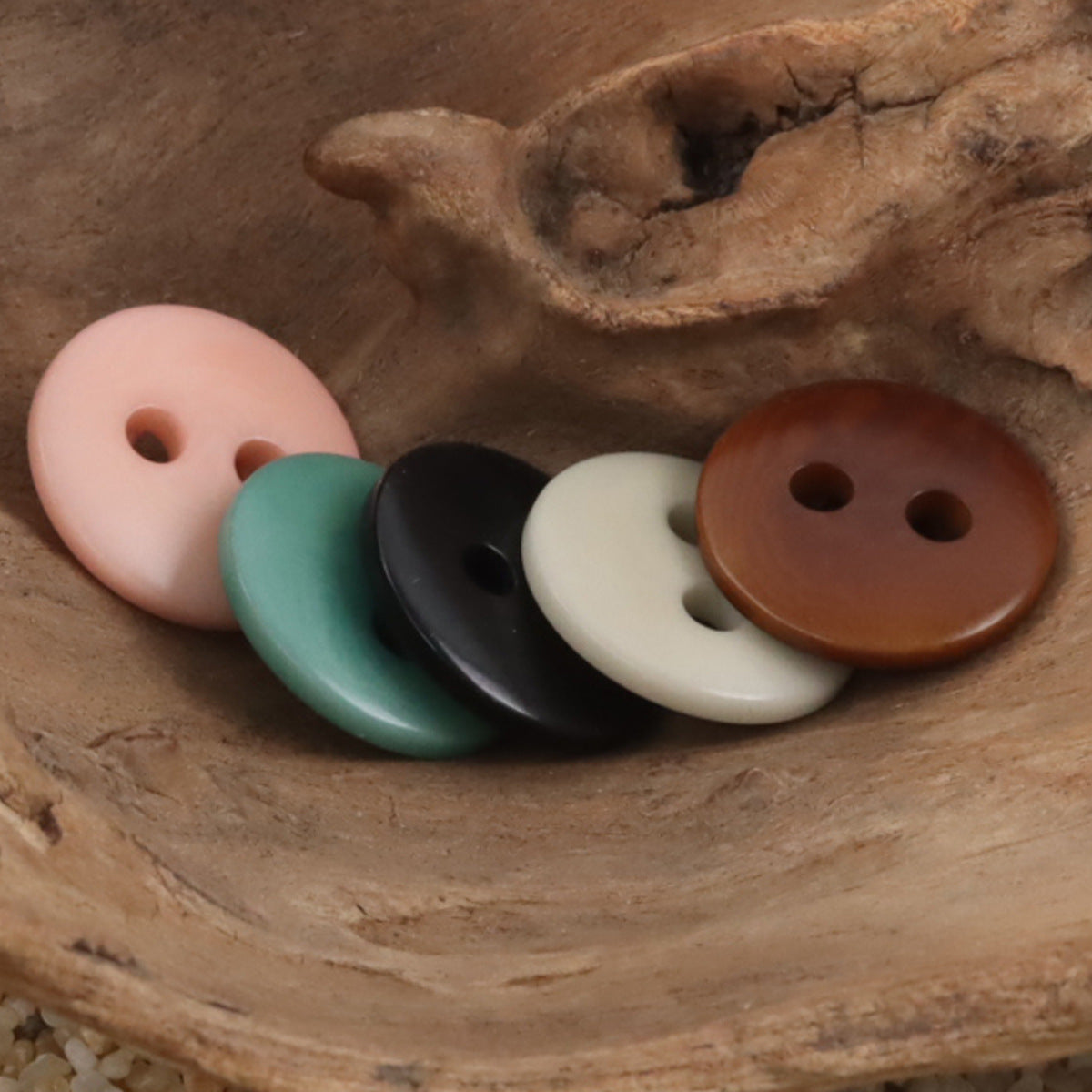 Two-hole tagua nut buttons: blush pink, green, black, cream & coffee