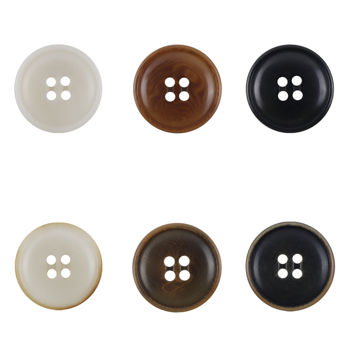 Fire-burned tagua nut buttons, 10pcs: white, brown & black fronts with 4 holes
