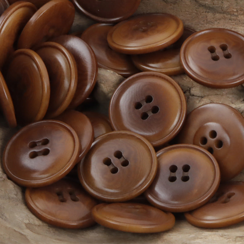 Brown fire-burned tagua nut buttons, 10pcs: round fronts with 4 holes in warm tones