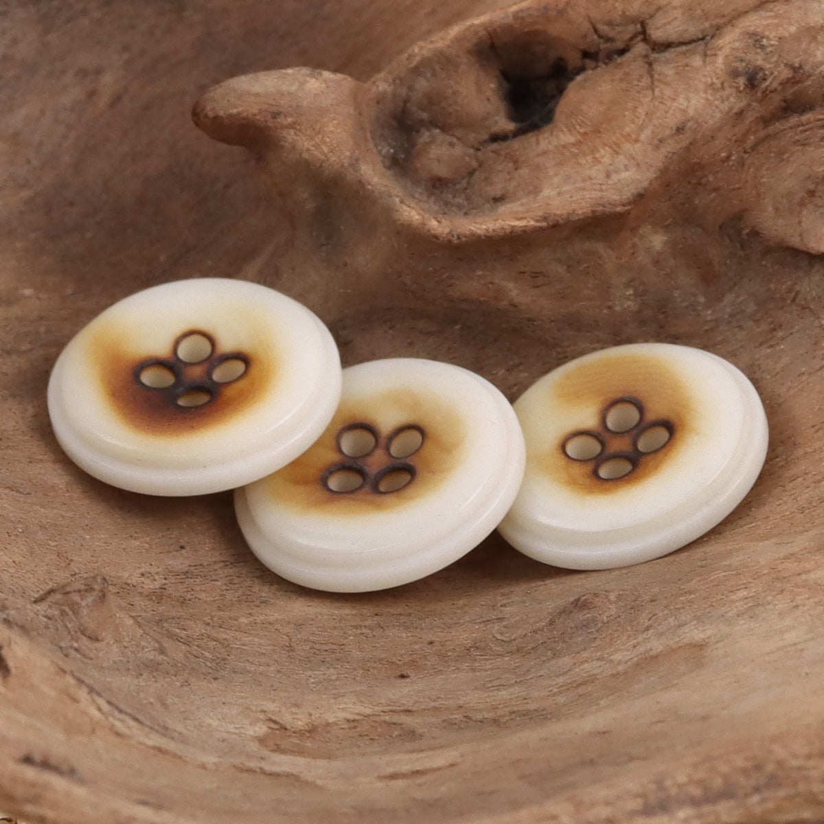 Natural nut buttons with burnt-ochre centers, paw motif with four petals