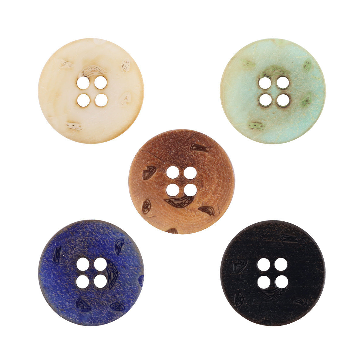 5 round 4-hole nut buttons: beige, light green, coffee, blue, black