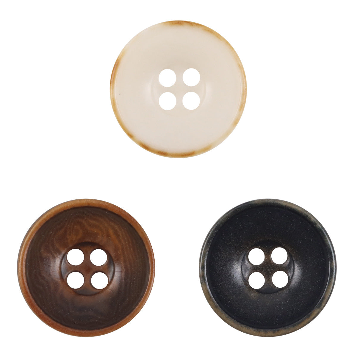 Nut-style coat buttons, beige, coffee brown, and black with 4 holes each