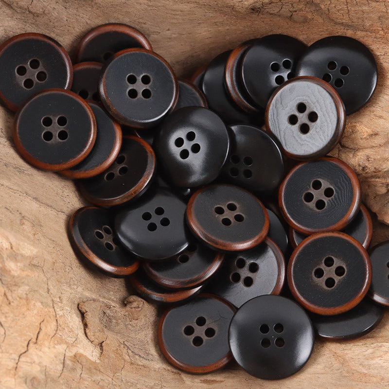 Black palm fruit buttons with caramel edges; mixed black and gray fronts, 4-hole design
