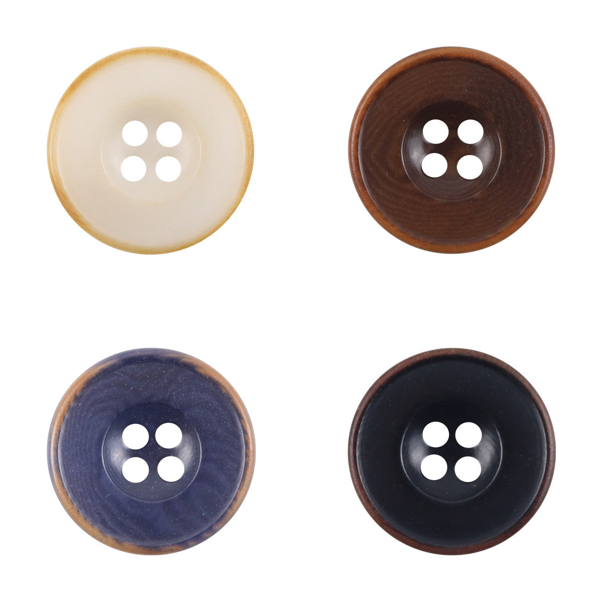 Four round nut buttons: beige, coffee brown, deep blue, and black (4-hole fronts)