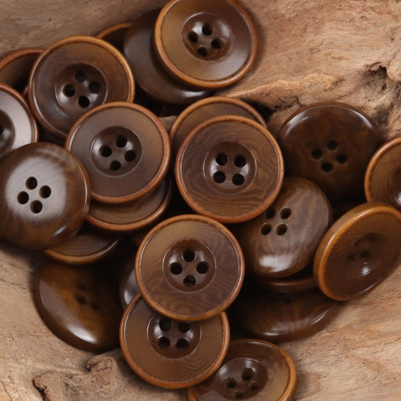 Coffee-brown nut-style buttons, round with copper-tone rim and 4-hole fronts