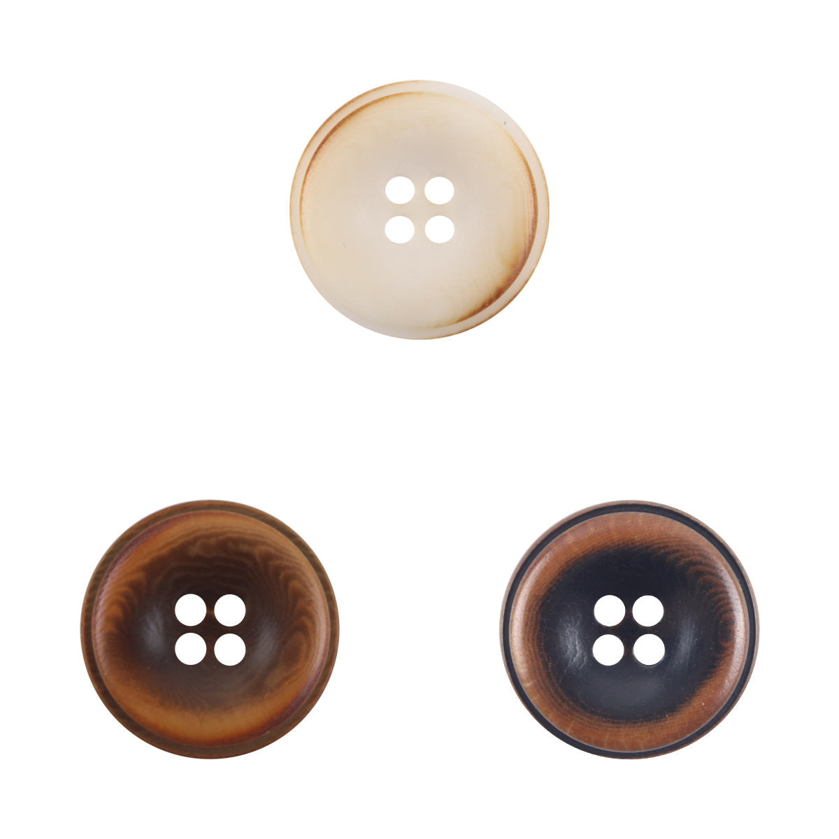 Burnt beige fruit buttons, round, with four holes (top view)