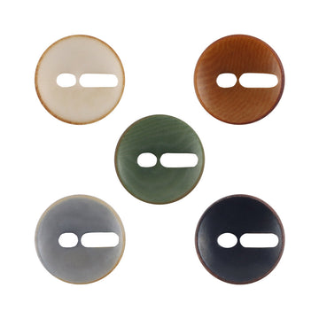 Palm fruit buttons with exclamation mark cutout, 10pcs: beige, green, coffee, gray, black.