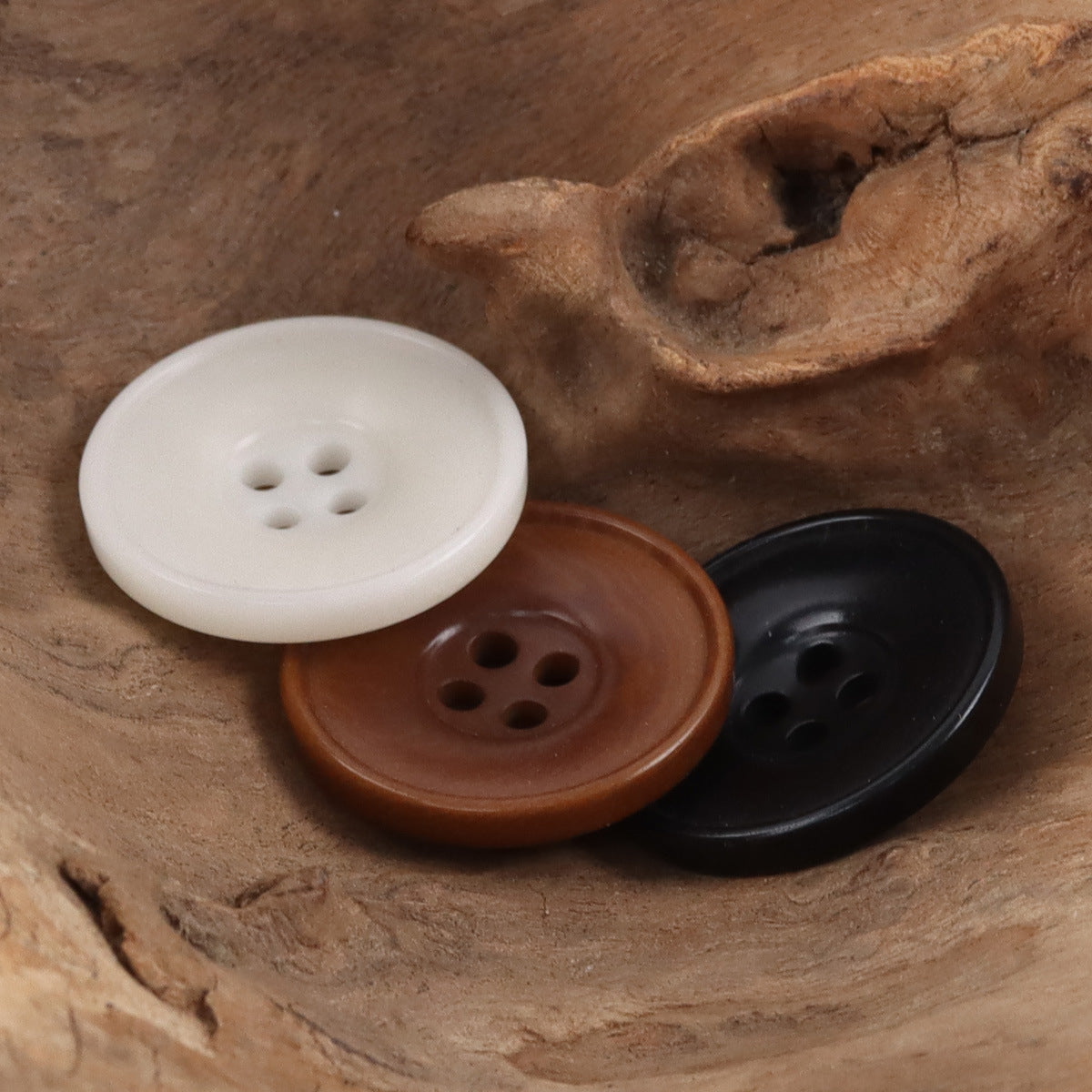 Three bowl-shaped nut buttons with 4 holes: white, brown, black