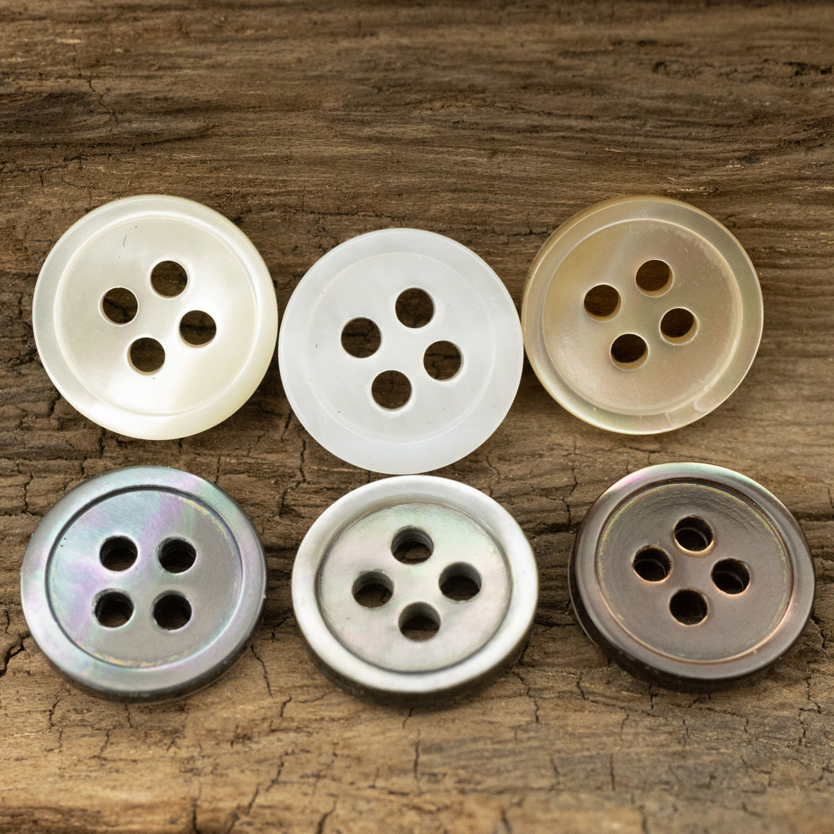 Round 11.5mm shell buttons with 4 holes—white, off-white, and beige/caramel shades (10).