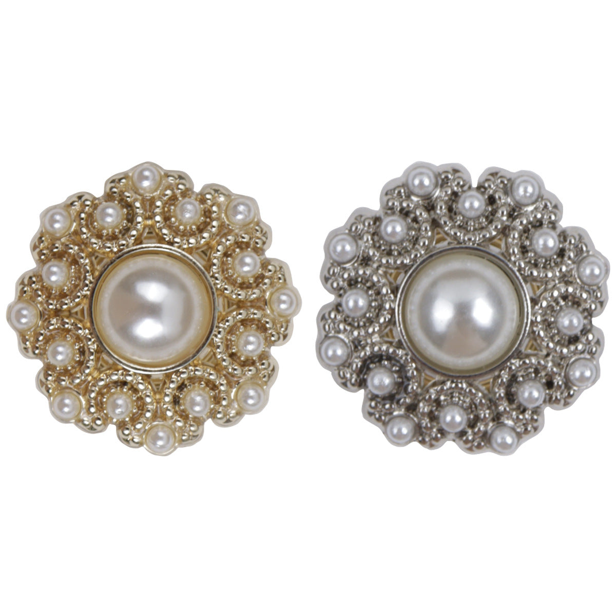Gold & silver pearl metal buttons, round jeweled design with central pearl